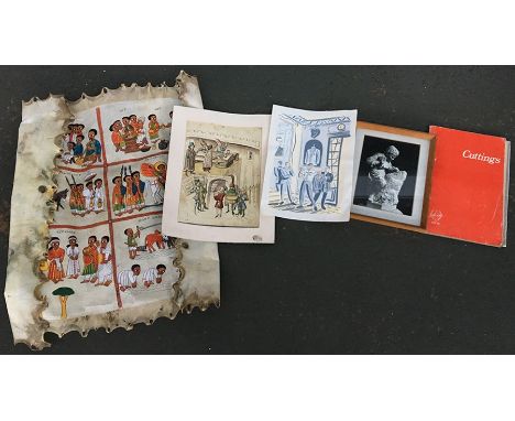 A scrapbook of landscape drawings in pencil and crayon of Scottish and local landscapes, together with a woodblock print, a p