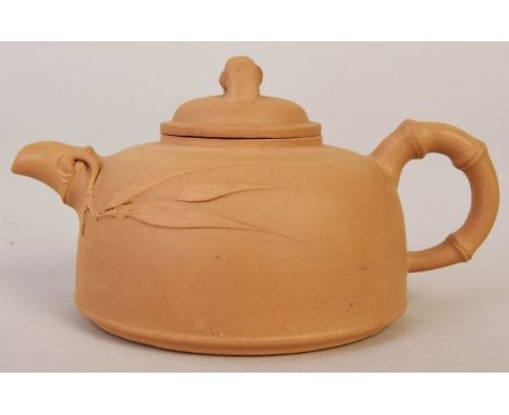 Chinese Yixing tea pot in bamboo design, impressed marks on base, lid and handle. This miniature bamboo design Yixing Buccaro