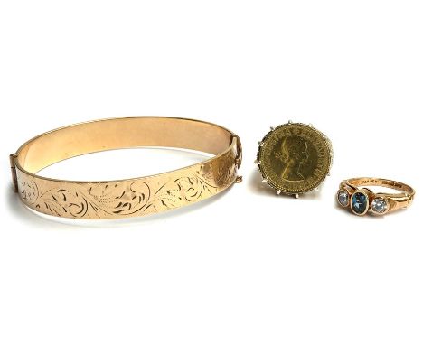 Signet ring marked silver with sixpence together with a 9ct dress ring with white and blue stones(3.35g) and a rolled gold ba