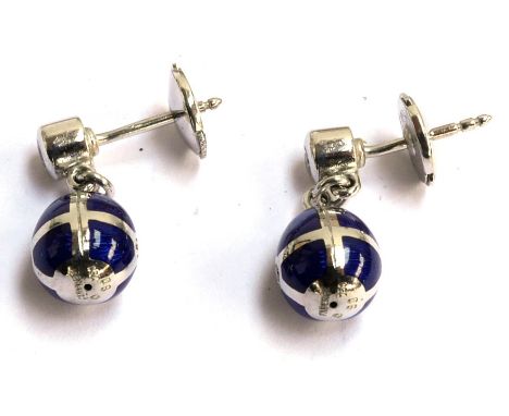 a modern FABERGE pair of 18ct ear pendants (stamped 750) in an egg design with blue enamel &amp; diamond decoration, design V
