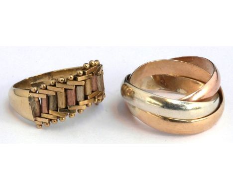 Ring composed of 3 bands , white, rose and yellow 9ct gold, size L, weight 4.9g, together with 9ct dress ring with flexible h