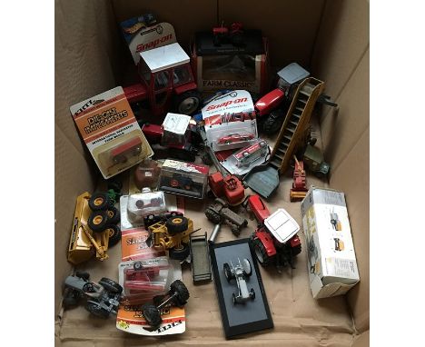 A mixed box of mainly farm and agricultural toys of various scales, produced by Universal Hobbies, Hornby, Ertl, and Snap-On,