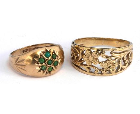 9ct gold dress ring with foliate design, size M, weight 2.4g together with 9ct gold ring set with green quartz stones, size F