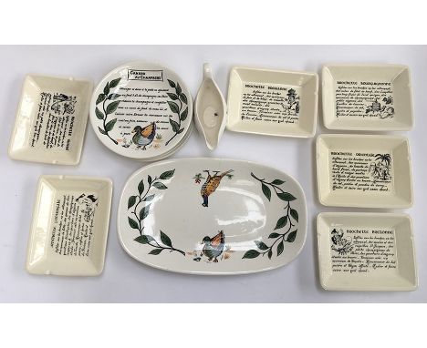 A number of hand painted French plates by Gien, decorated with game recipes, together with other related ceramic wares