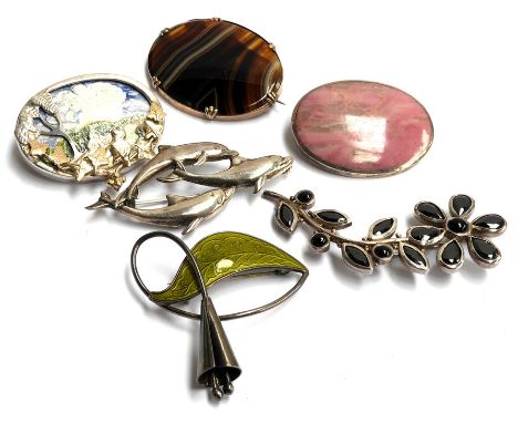 Norweigan sterling silver brooch with green enamel decoration,brooch in the form of 3 dolphins, decorative silver brooch with