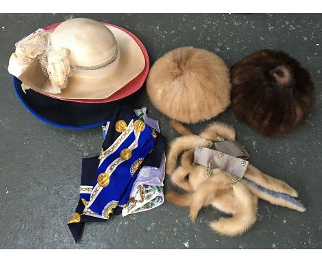Two Vintage fur hats and a Vintage fur scarf, eight vintage fur tail trims 1940/50s for scarf or epaulettes, and other vintag