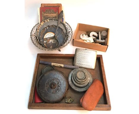 A mixed lot of items to include vintage weights, cigarette case, vintage Polly Thermometer, vintage surveyor's tape in leathe