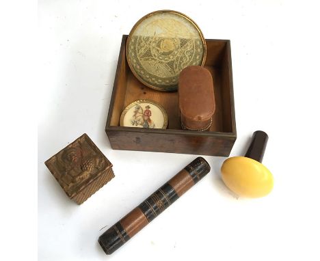 A bakelite 'The Darn-a-lite' darning mushroom with battery operated light, together with a compact, a framed piece of lacewor