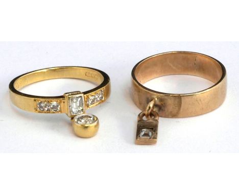 18ct gold ring set with 5 small diamonds and with further diamond charm, size G, gross weight 2.2g together with ring tested 