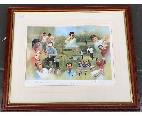 Golfing interest: Golfing champions at Ryder Cup, limited edition print with studio stamp, together with a Johnny Walker post