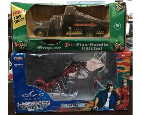 A Snap-On tow truck 3/8 scale boxed, together with a Discovery Channel American Chopper boxed