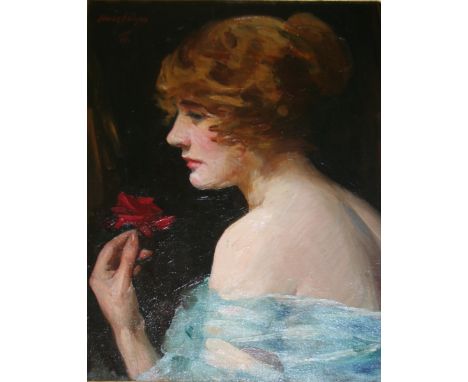 COWAN DOBSON (1893-1980) PORTRAIT STUDY OF A LADY WITH A RED ROSE Signed and dated 19, also signed verso 44.5 x 34.5cm. ++ So