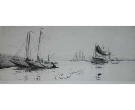 WILLIAM LIONEL WYLLIE, RA (1851-1931) DUTCH EEL BOATS ON THE SCHELDT Etching, signed in pencil 12 x 30cm. ++ Good condition
