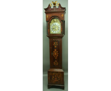 A MAHOGANY LONGCASE CLOCK, mid/late 18th century, the brass arched dial with sunburst, 11" silvered chapter ring, subsidiary 