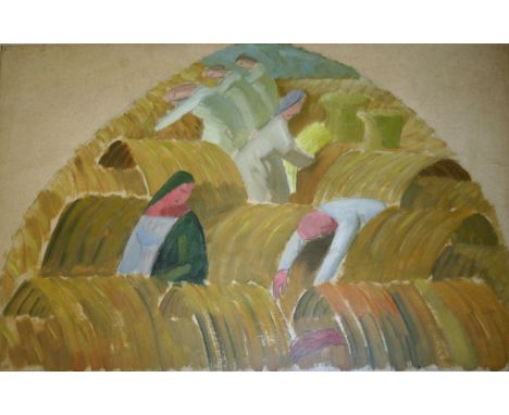•THOMAS SAUNDERS NASH (1891-1968) CUTTING CORN Oil and pencil sketch on paper, shaped, possibly for a spandrel Sight 36 x 55.