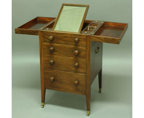 A GEORGE III CAMPAIGN STYLE MAHOGANY WASHSTAND,  circa 1800, the fold out top enclosing a fitted interior, above a drawer and