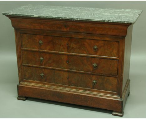 A FRENCH MAHOGANY COMMODE, later 19th century, with grey marble top above a frieze drawer and three long drawers, 95 x 128cm