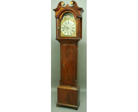 A MAHOGANY LONGCASE CLOCK the arched dial with moon phase above 11.5" silvered dial with date aperture, inscribed Taylor, Kin