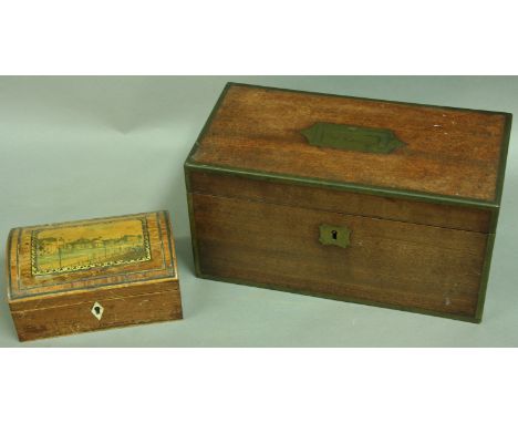 A GEORGE III MAHOGANY AND BRASS MOUNTED TEA CADDY inscribed Richd Somerset Esq. Together with a domed top jewellery box with 