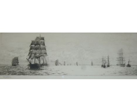 WILLIAM LIONEL WYLLIE, RA (1851-1931) FOUR MASTERS SETTING SAIL Etching, signed in pencil 10.5 x 32.5cm. ++ Some staining