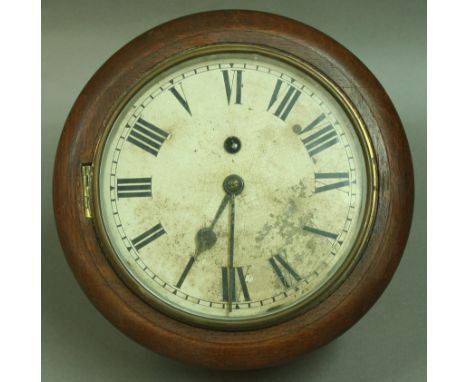 AN OAK CASED WALL CLOCK, late 19th century, the 7 1/2" white painted dial on a brass, single fusee eight day movement, 28cm