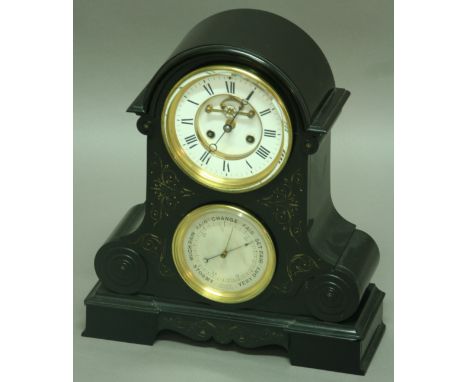 A BLACK MARBLE MANTLE CLOCK, late 19th century, with 5 1/2" enamelled dial with exposed escapement and brass eight day moveme