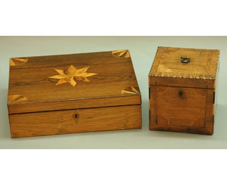 A VICTORIAN ROSEWOOD AND INLAID GAMES BOX with fitted interior including a cribbage board, together with a 19th Century mahog