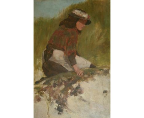 CIRCLE OF THOMAS AUSTEN BROWN, RSW (1847-1924) STUDY OF A SEATED GIRL Oil sketch on canvas 28.5 x 18.5cm. ++ Good condition
