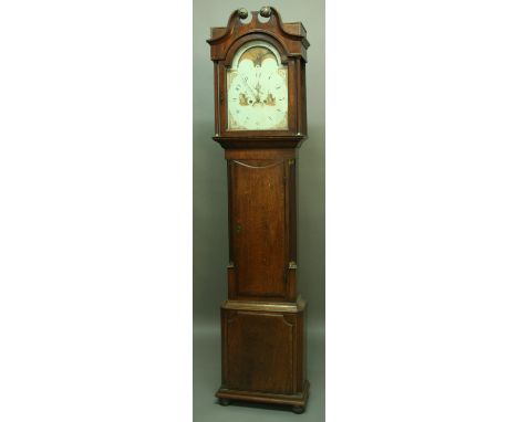 AN OAK AND WALNUT LONGCASE CLOCK, the 13 1/2" painted dial with moonphase, subsidiary seconds dial and date aperture on an ei