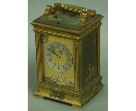 A FRENCH BRASS CARRIAGE CLOCK, in the Japanese Aesthetic taste, the gilt dial with silvered chapter ring inscribed 'Aitchison