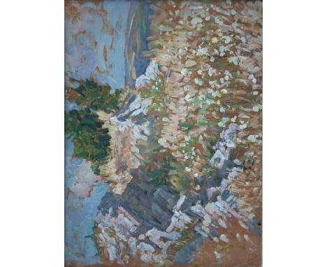 •DOROTHEA SHARP (1874-1955) LANDSCAPE SKETCH (recto); MOTHER AND CHILD STUDY (verso) Oil on thin panel 30 x 40cm. ++ Graze at