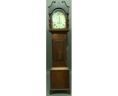 A MAHOGANY LONGCASE CLOCK, the painted arched dial with 12" chapter ring, subsidiary seconds dial and date aperture and inscr