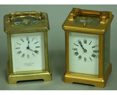 A FRENCH GILT BRASS CARRIAGE CLOCK with repeater movement striking to a gong, height excluding handle 11.5cm. Together with a