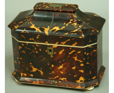 A REGENCY TORTOISESHELL TEA CADDY, early 19th century, of canted rectangular form with two lidded divisions, 19cm