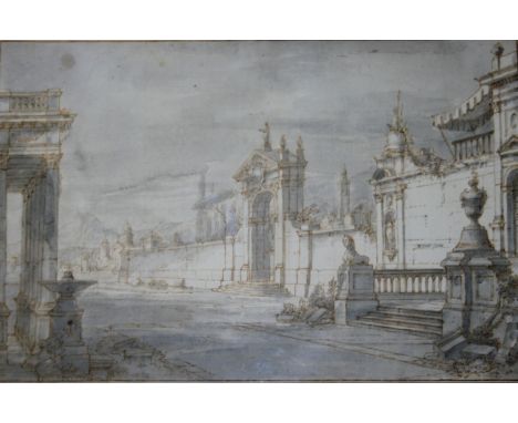 VENETIAN SCHOOL, 18th CENTURY ARCHITECTURAL DESIGN WITH A COLONNADE AND A GATEWAY Pen and sepia ink with grey wash 22.5 x 34.