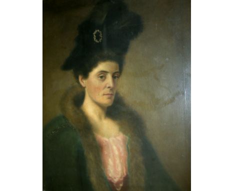 FOLLOWER OF SOLOMON JOSEPH SOLOMON, RA (1860-1927) PORTRAIT OF MRS BLANCHE SHUCKBURGHBust length, wearing a coral dress, a da