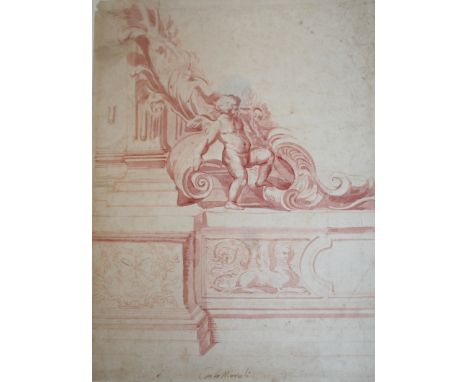 ROMAN SCHOOL, 18th CENTURY ARCHITECTURAL DESIGN OF A PUTTO WITHIN LEAFY SCROLLS Bears inscription Carlo Marati [Carlo Maratta