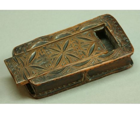 A 19TH CENTURY CHIP CARVED SNUFF BOX in the form of a book with sliding cover. Length 12.5cm.