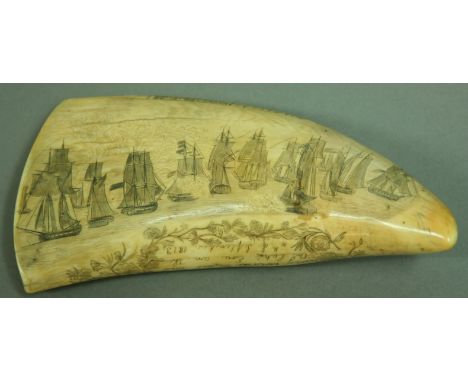 A SCRIMSHAW WHALE'S TOOTH, carved with two scenes of naval battles and inscribed 'Commodore Oliver H Perry/Victory over the B