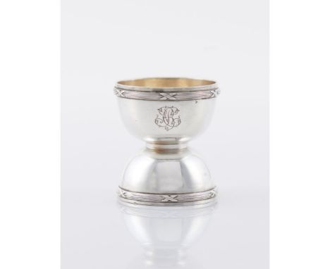 An egg cupFrench silverODIOT à Paris Diabolo model of reeds and ribbons decoration and inner gildingFinely engraved monogram 