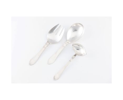 A fish servers setDanish silverGeorg Jensen of hammered decoration comprising of fork, spoon and ladleHallmarks: master golds