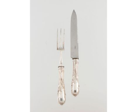 A set of Louis XV mouton serving cutleryFrench silverMaker  Gustave VEYRAT, comprising of silver handled fork and knife of ro