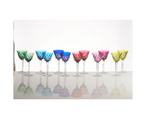 A set of 12 Rhone wine glassesFranceSAINT-LOUIS coloured faceted crystal, Adour model, the cup of diamonds decorationFoot fac