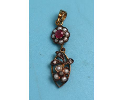 Diamond pearl &amp; ruby pendant