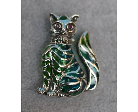 Silver &amp; enamel cat brooch