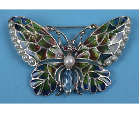 Silver enamel &amp; stone set butterfly brooch