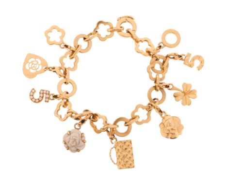 CHANEL - A 'Camelia' Charm Bracelet, the camelia and hoop link bracelet with 9 Chanel removeable charms, including diamond no