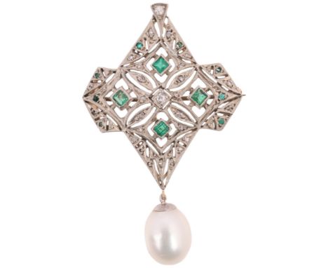 A Pearl Emerald and Diamond Brooch/Pendant, the geometric openwork panel set with rectangular step-cut emeralds, accented wit