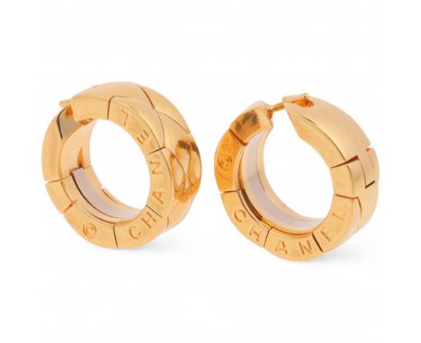 CHANEL - A Pair of 'Matelasse' Earrings, designed as a hoop band of lozenge-shaped links, with sprung fitting, signed Chanel 