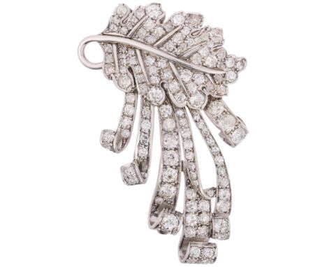 A Diamond Brooch, circa 1950, the leaf and trailing scrolled ribbon set throughout with old and transitional-cut diamonds, th